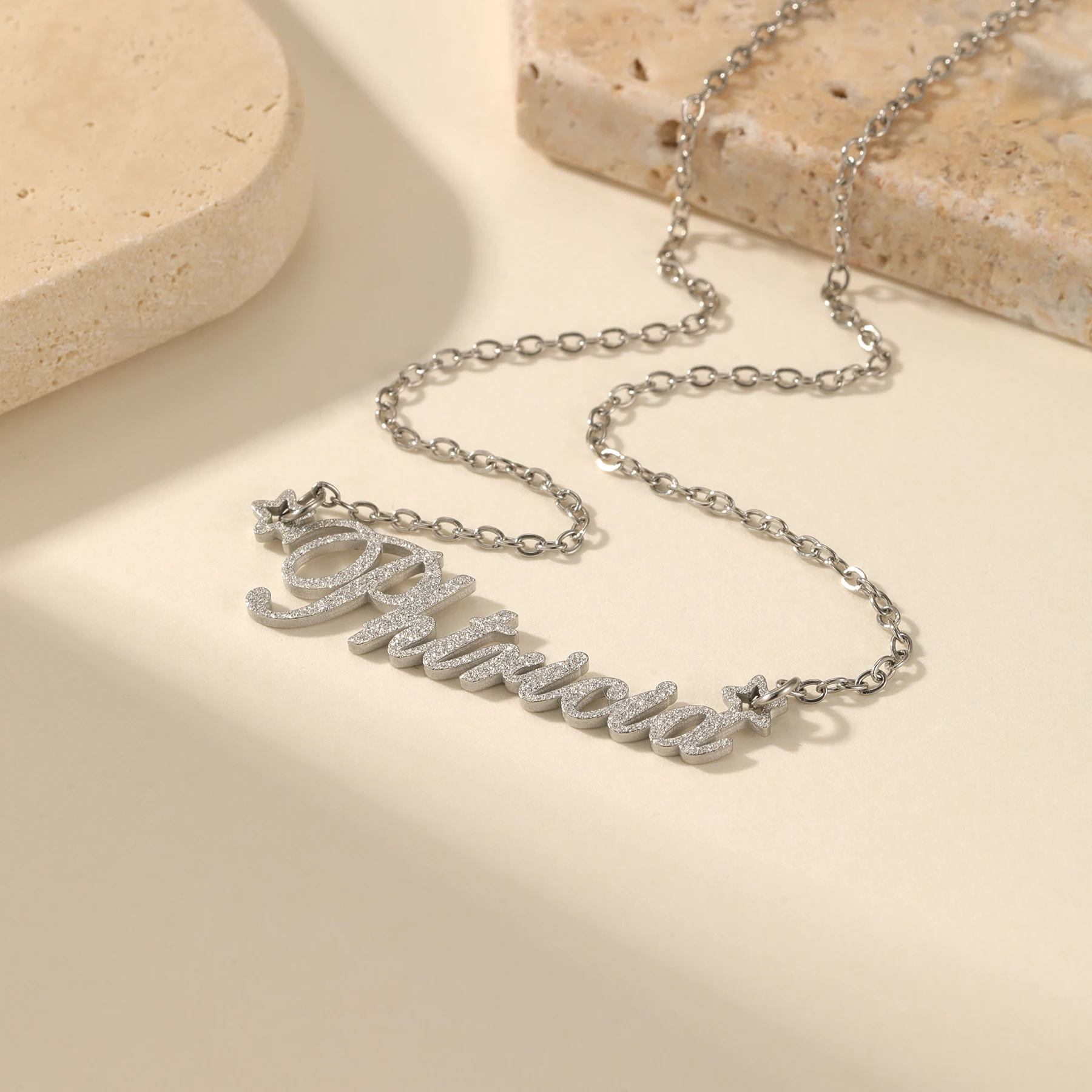 

Матовый кулон с именем на заказ, персонализированное ожерелье с именем звезды, блестящее серебряное ожерелье из нержавеющей стали, подарок для детей, ювелирные изделия