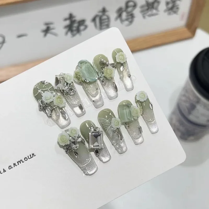 

10pcs High Quality Coffin Handmade Press on Nails Light Green French Cat Eye butterfly Full Cover False Nail Wearable Nail Tips