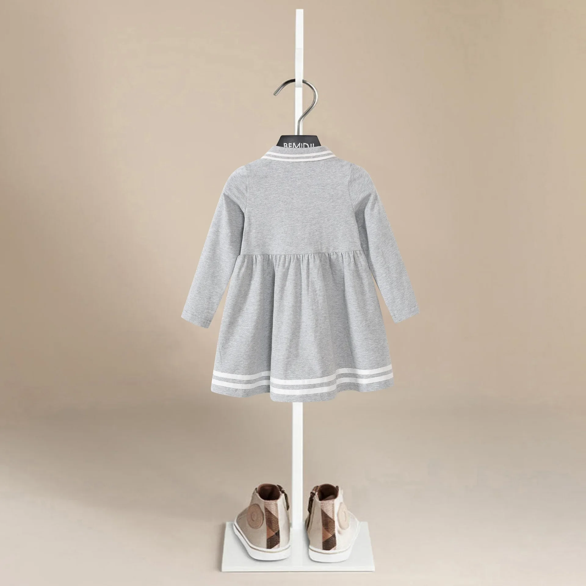 Spring  Autumn Dress for Girls Thread Polo Collar Grey Children School Students Casual Dresses Baby Girl Clothing Princess Dress