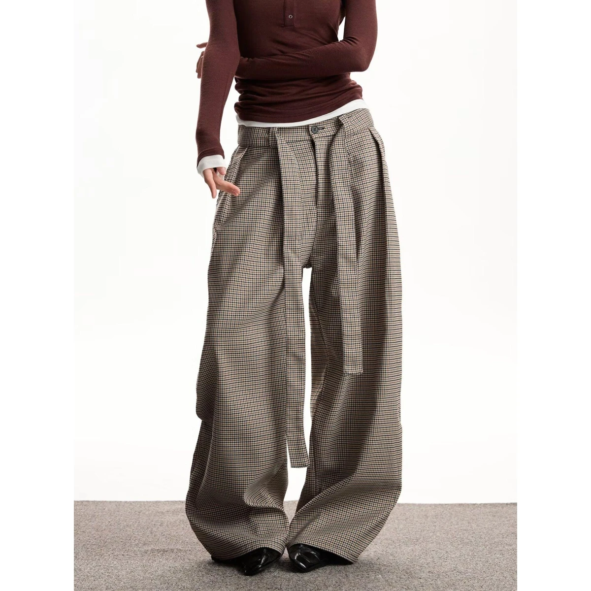 

Retro Plaid Dstring Casual Pants Long Loose Wide Leg Trousers Trendy ex Spring Autumn Polyester Fiber Straight Leg Jeans