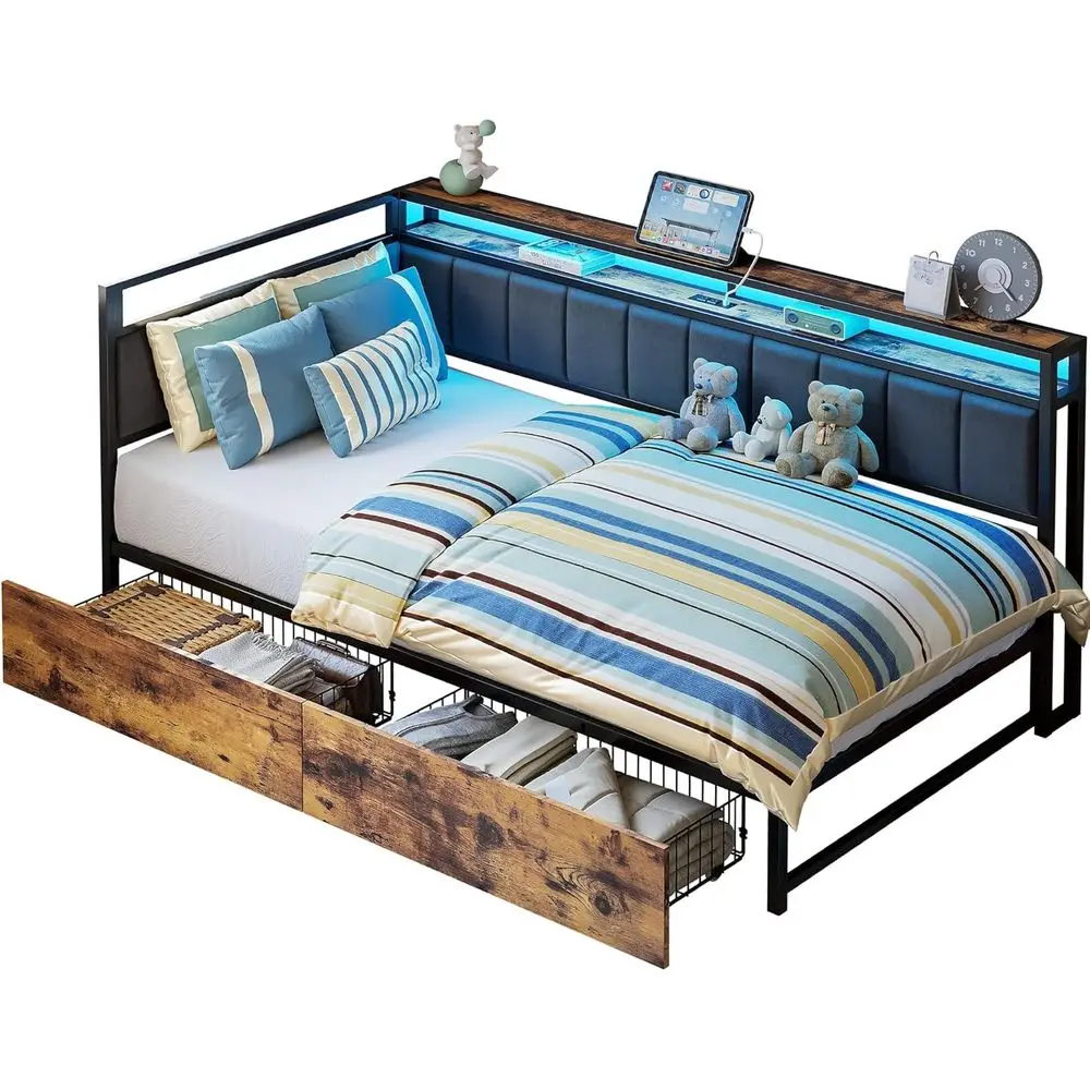 LIKIMIO Bed e Twin Daybed with Storage Ders, Metal Platorm Bed e with LED Light, Charging Station & abric Upholstered ence, Blac