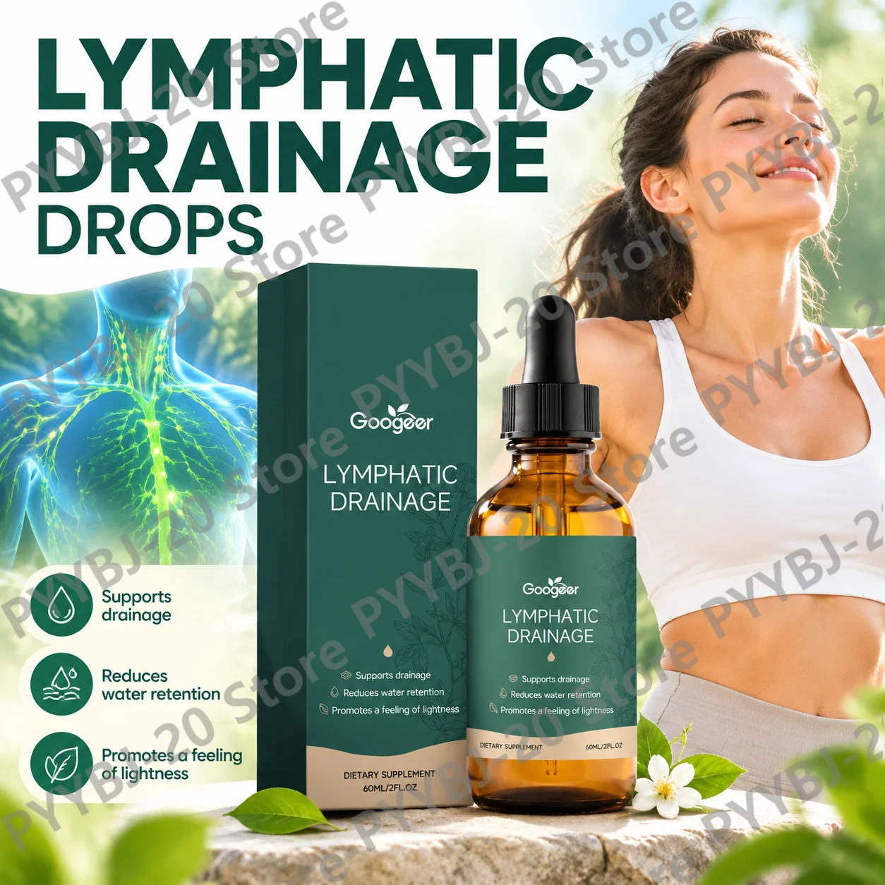 Googeer Lymphatic Liquid Support Drops Drainage Fluid Balance Circulation Support with Red Clover Cleavers Vitamin C Zinc 60ml