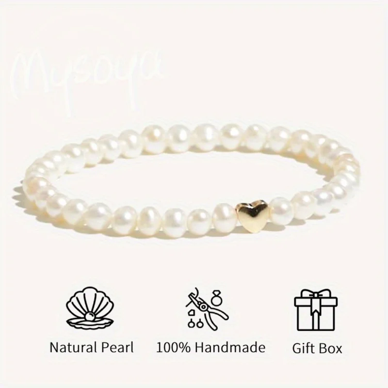 

Mysoya White Freshwater Pearl Bracelet 5-6mm with Gift Box, Gift for Him/ Her, for Wedding/ Mother's Day/ Father's Day Gift