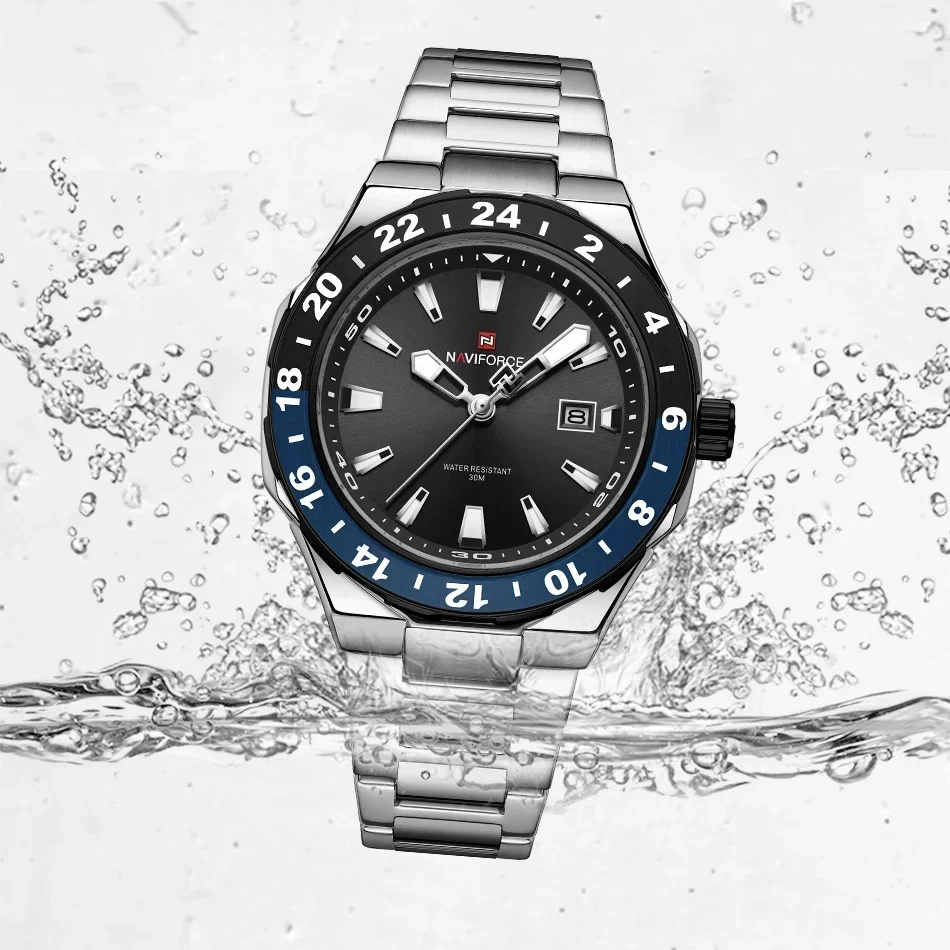 NAVIFORCE Fashion Mens Sport Watch Stainless Steel Waterproof Quartz Luminous Calendar Relogio Masculino Wristwatch Gifts box