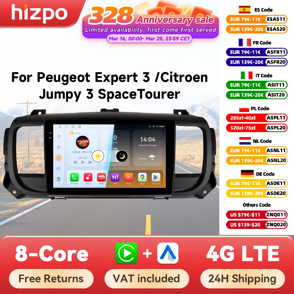 Hizpo sans fil CarPlay Android Auto pour Peugeot Expert 3 citroën Jumpy 3 SpaceTourer 2016 - 2021 autoradio multimédia vidéo GPS