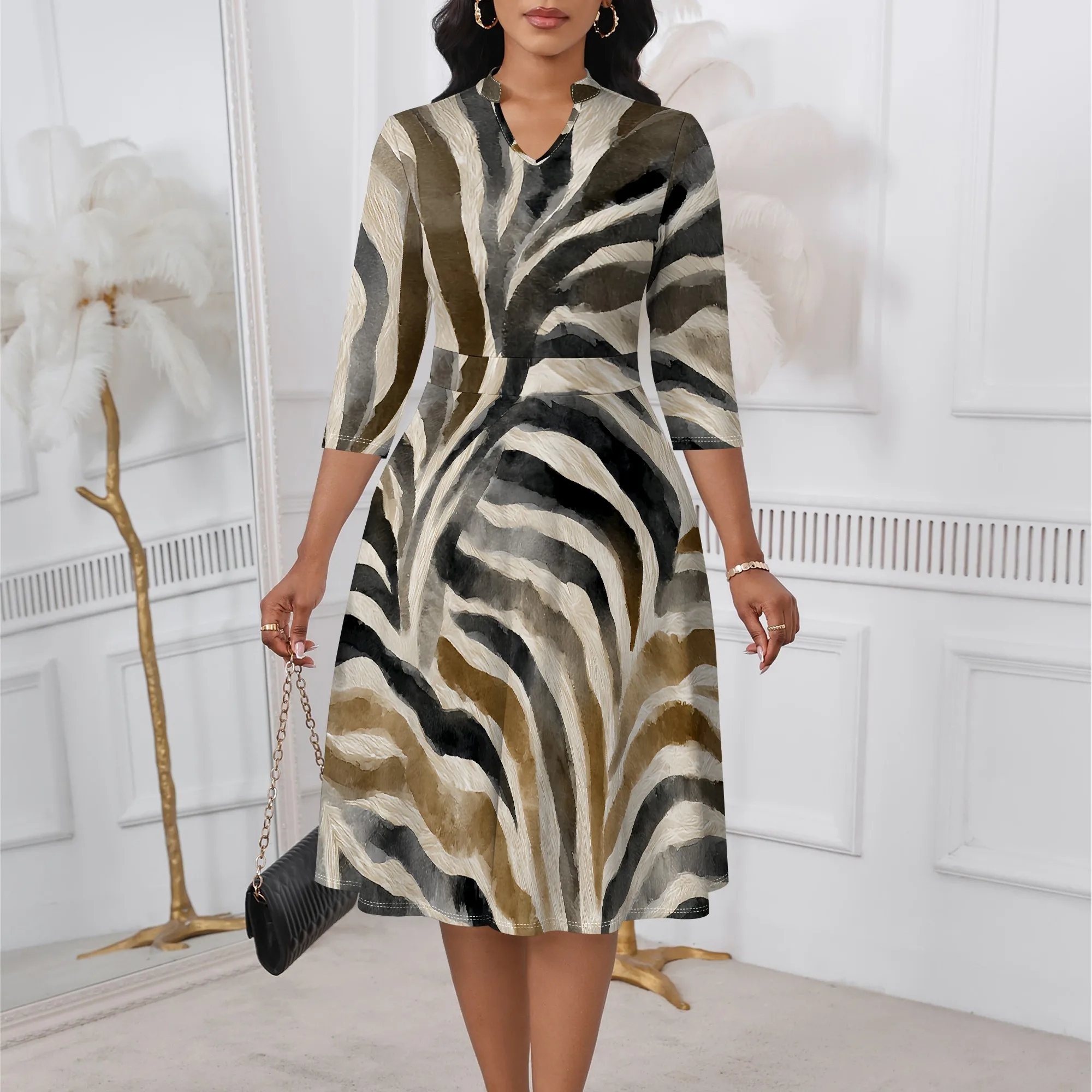 

Earth Tone Zebra Print Midi Dress XS-3XL V-Neck 3/4 Sleeve A-Line Style for Art Gallery, Fall Brunch or Cultural Event Look