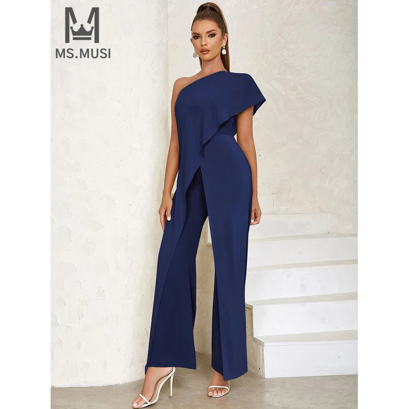 MSMUSI 2024 New Fashion Women Sexy One Shoulder Ruffles Draped Sleeveless Backless Bodycon Party Club Flare Pant Lady Jumpsuit