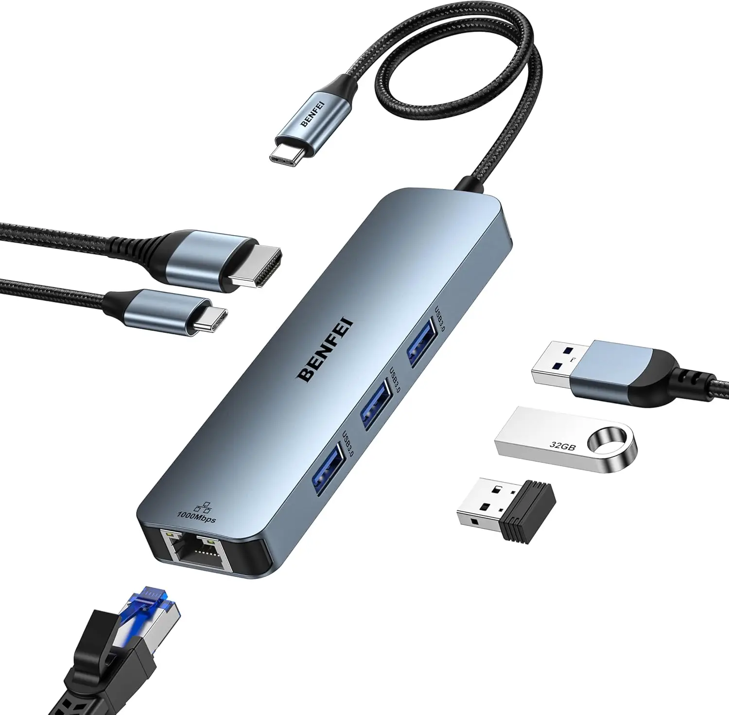 

6-in-1 USB C Hub: HDMI 4K@60Hz, Gigabit Ethernet, 100W PD, 3xUSB 3.0, Silicone Cable, Aluminum Case for iPhone 15 Pro/Max, MacBook, iPad Pro, iMac, S23, XPS17