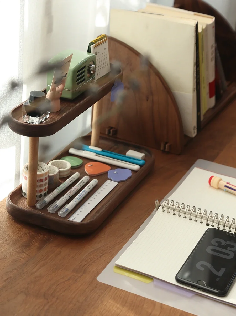Home Solid Walnut Wood Table Shelf Cosmetic Storage Rack Office Desktop Handicraft Wooden Two Layer Holder