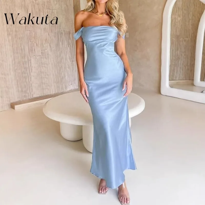 Wakuta Sexy Sheath One Shoulder Light Luxury Simulation Silk Cocktail Robe Pure Color Slim Engagement Bridesmaid Group Hip Dress