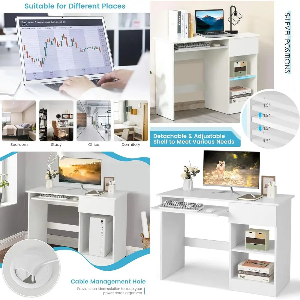 

Компьютерный стол с подставкой для клавиатуры, большим ящиком, стол для домашнего офиса с регулируемой полкой и отверстием для кабеля, учебный стол, современный письменный стол