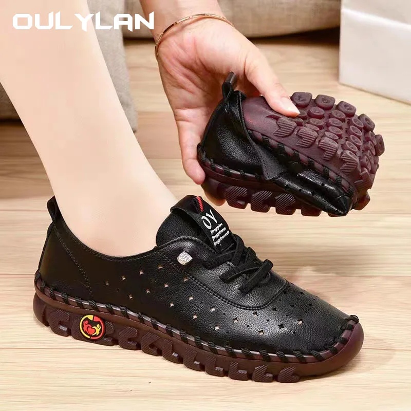 Oulylan Sneakers Comfortable Slip on Shoes Spring New Women Shoes Leather Loafers Shoes for Women Hand Sewing Thread Mom Shoes