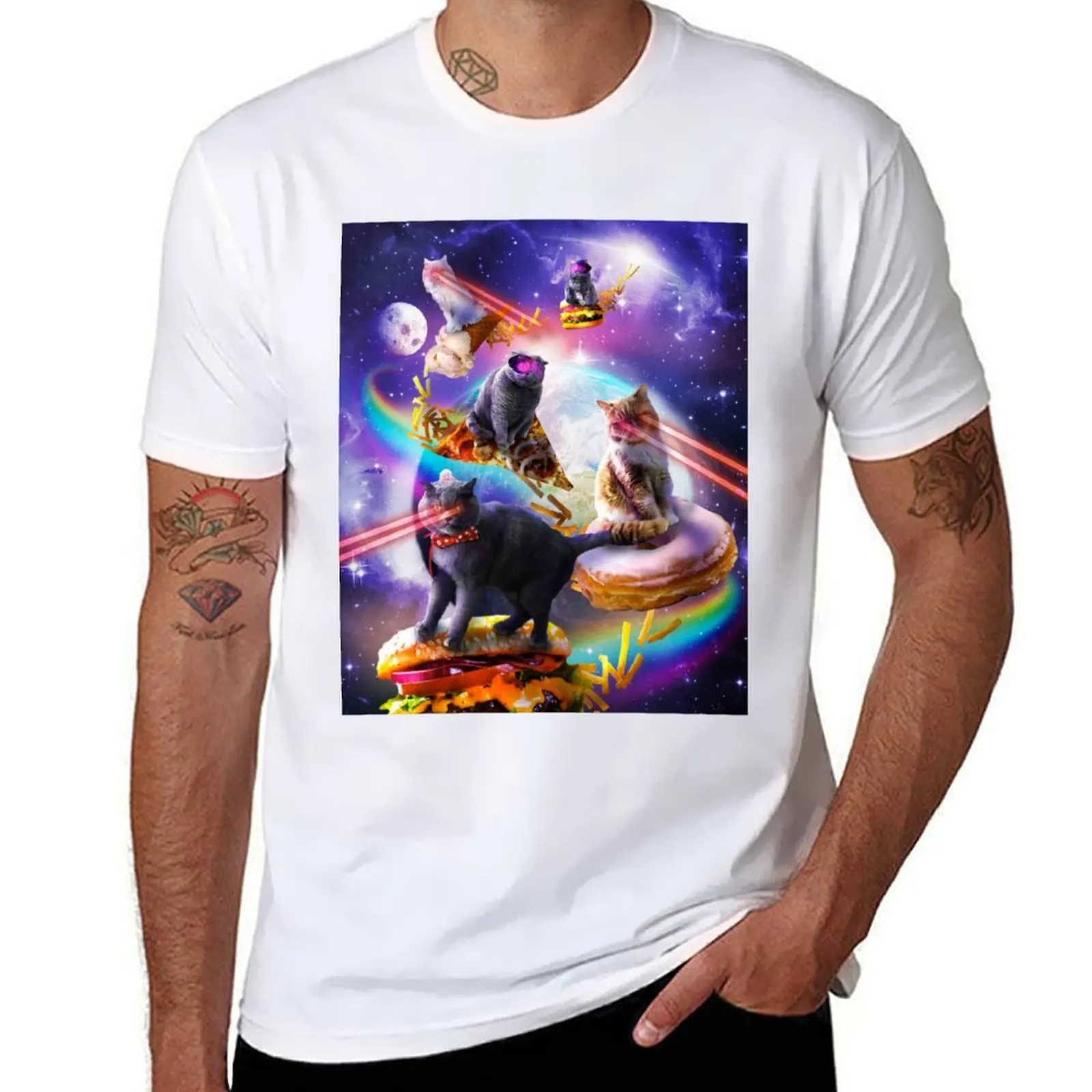 Galaxy Laser Space Cat On Burger Pizza Donut helado camiseta hombre camisetas de alta calidad marca de lujo camisetas divertidas humor oscuro
