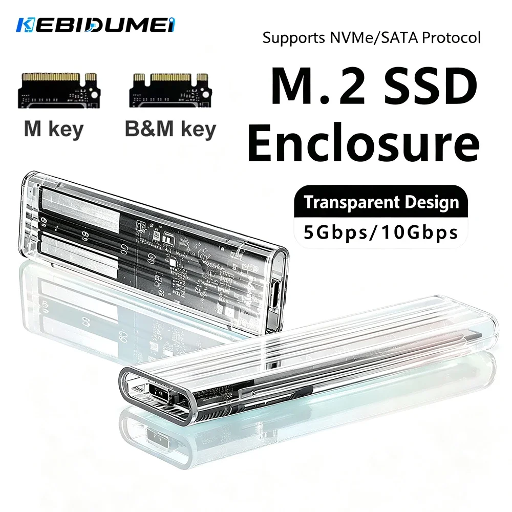 Kebidumei M.2 NVME SATA SSD-Gehäuse 10Gbps USB3.1 Gen 1 Transparenter externer SSD-Adapter für M-Key und B&M-Key SSDs, werkzeuglos