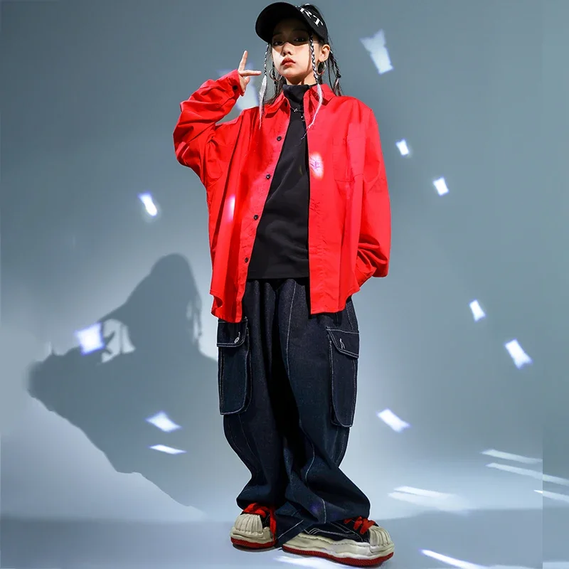 Kinder Hip Hop Kleidung Rote Jacke Mantel Casual Street Strap Cargo Hosen für Mädchen Junge Jazz Dance Kostüm Teenager Kpop Kleidung