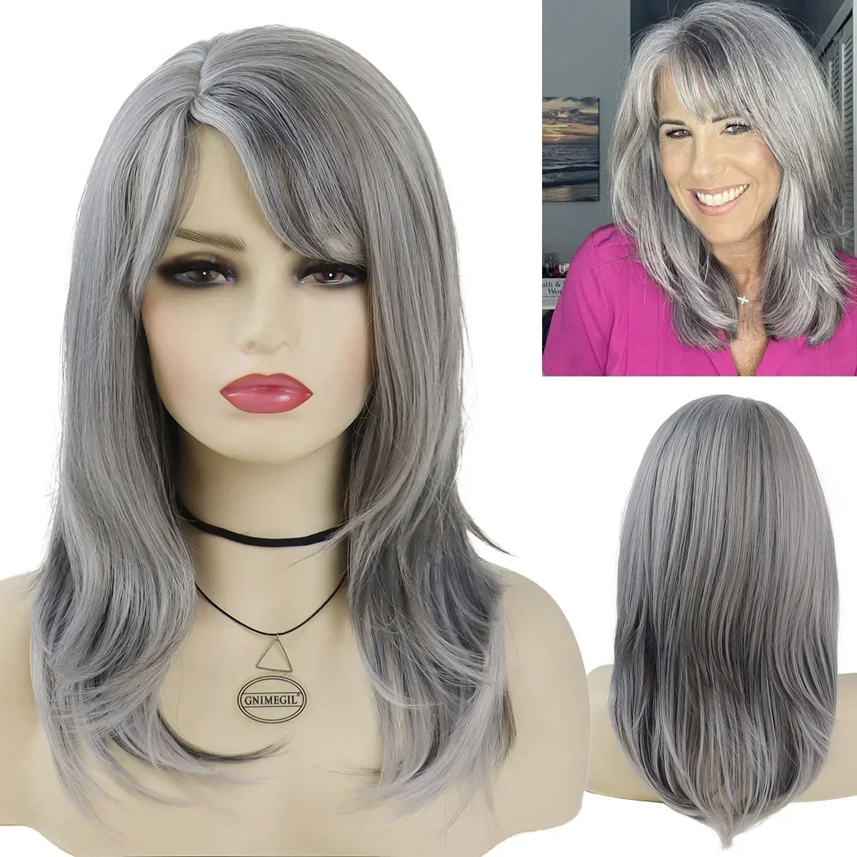 GNIMEGIL Synthetic Hair Mommy Wig Gray Mix White Curly Wig Natural Hairstyle Costume Halloween Wig 100th Day of School Cosplay