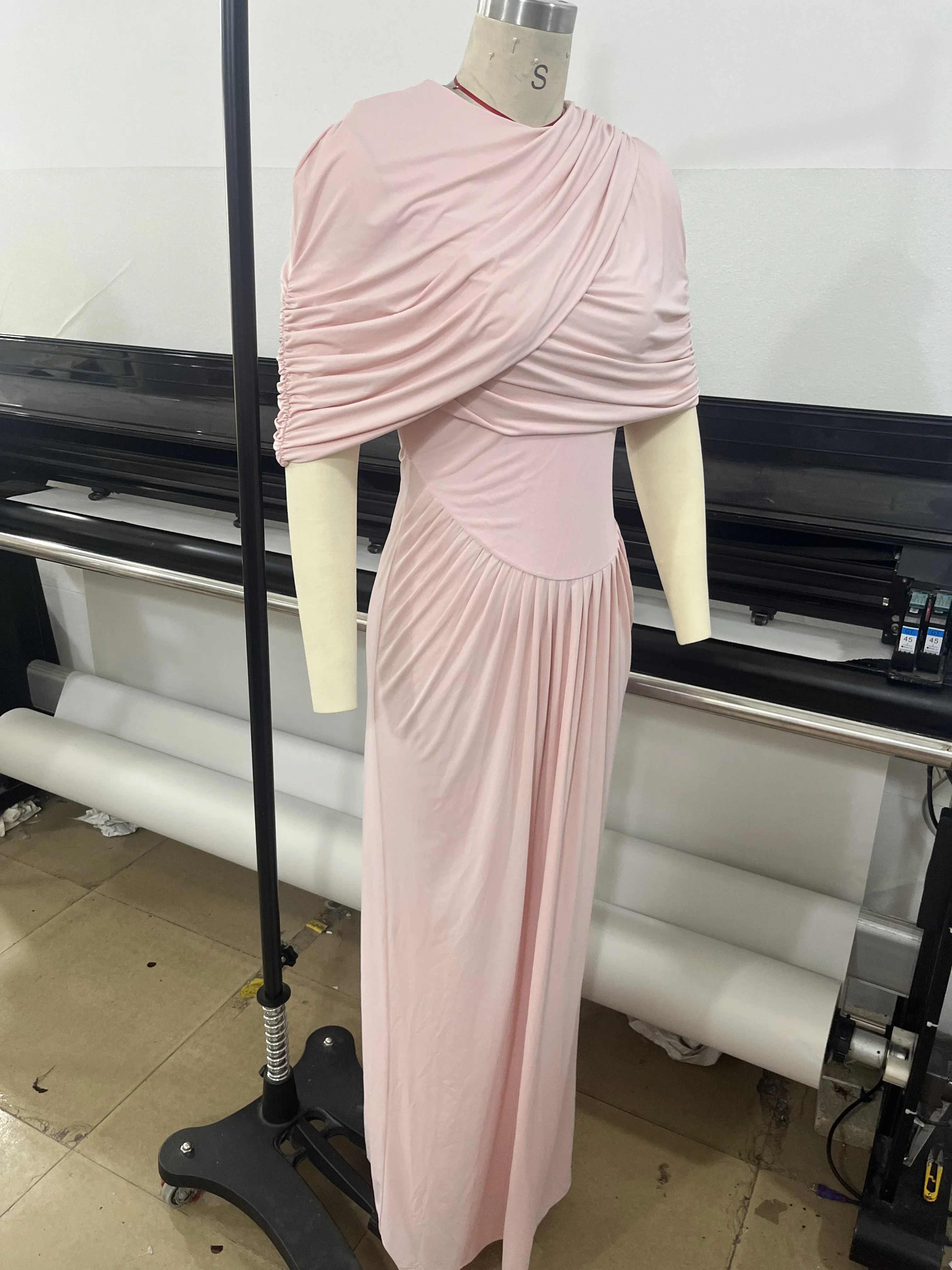 Elegant Style Crossover Design Short-sleeved Long Dress, Cape-style Pleated Structured Wrap-around Long Dress, Pink Long Skirt