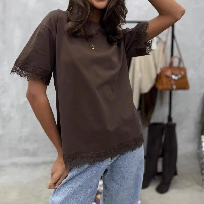 

Lace Small Design Splicing Top T-shirt, Soft and High-end, Versatile Outer Wear for Women in Spring and Summer, Short-sleeved
