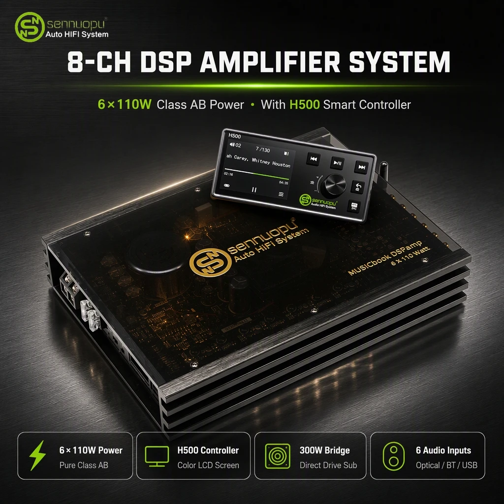 SENNUOPU X680 Car DSP Amplifier 6x110W Class AB 8-CH DSP 31-Band EQ Bridgeable 300W Optical Plug and Play CE