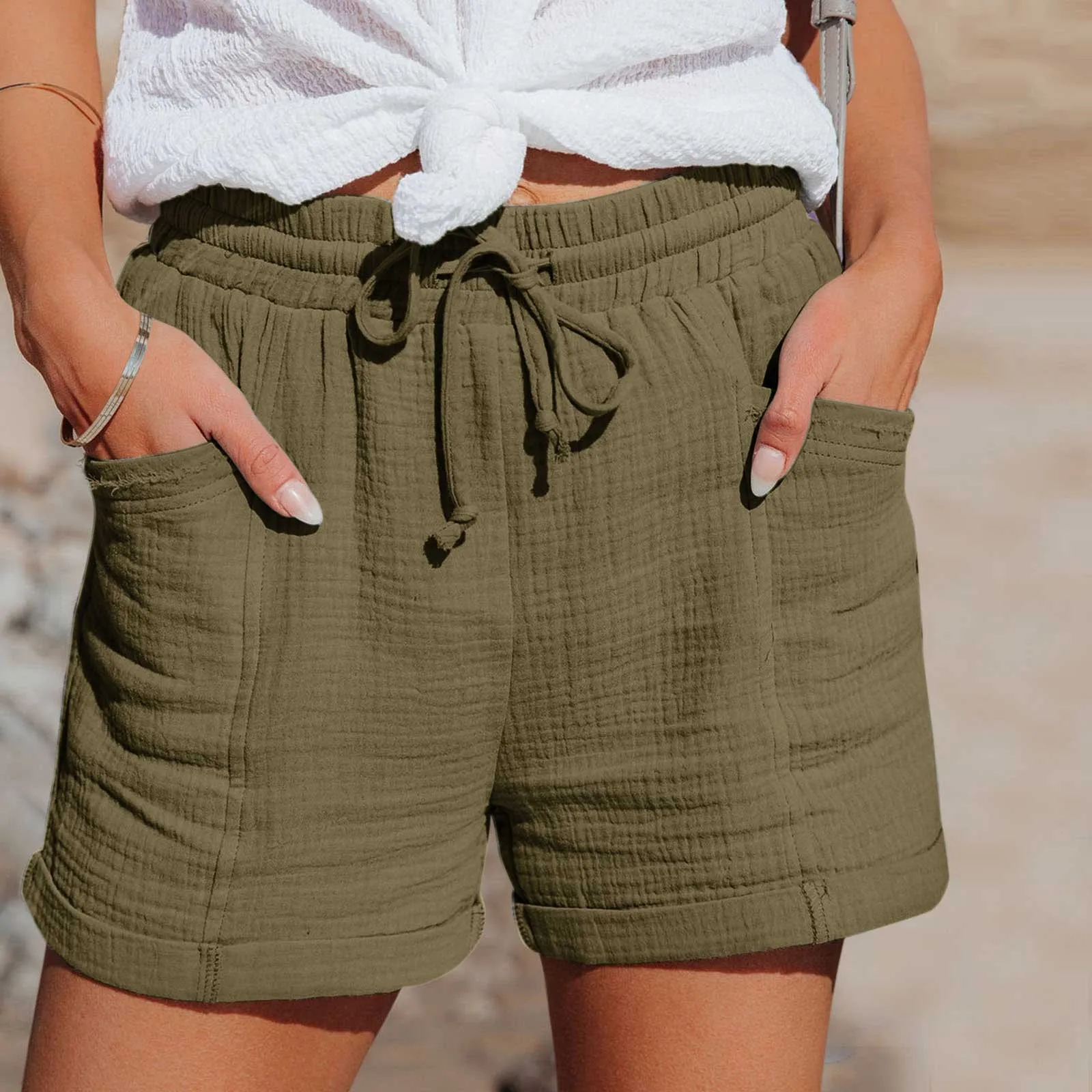 Summer Cotton Linen Shorts Women'S Drawstring High Waist Short Pants With Pockets Sports Casual Basic Cortos Pantalones 2024