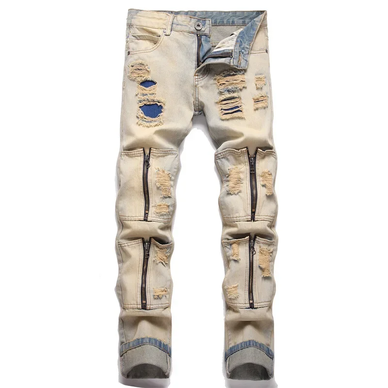 

Retro Yellow Leather Label Ripped Mens Jeans Punk Style Trouser Leg Zipper Distressed Denim Pants Streetwear Youth Slim Trousers