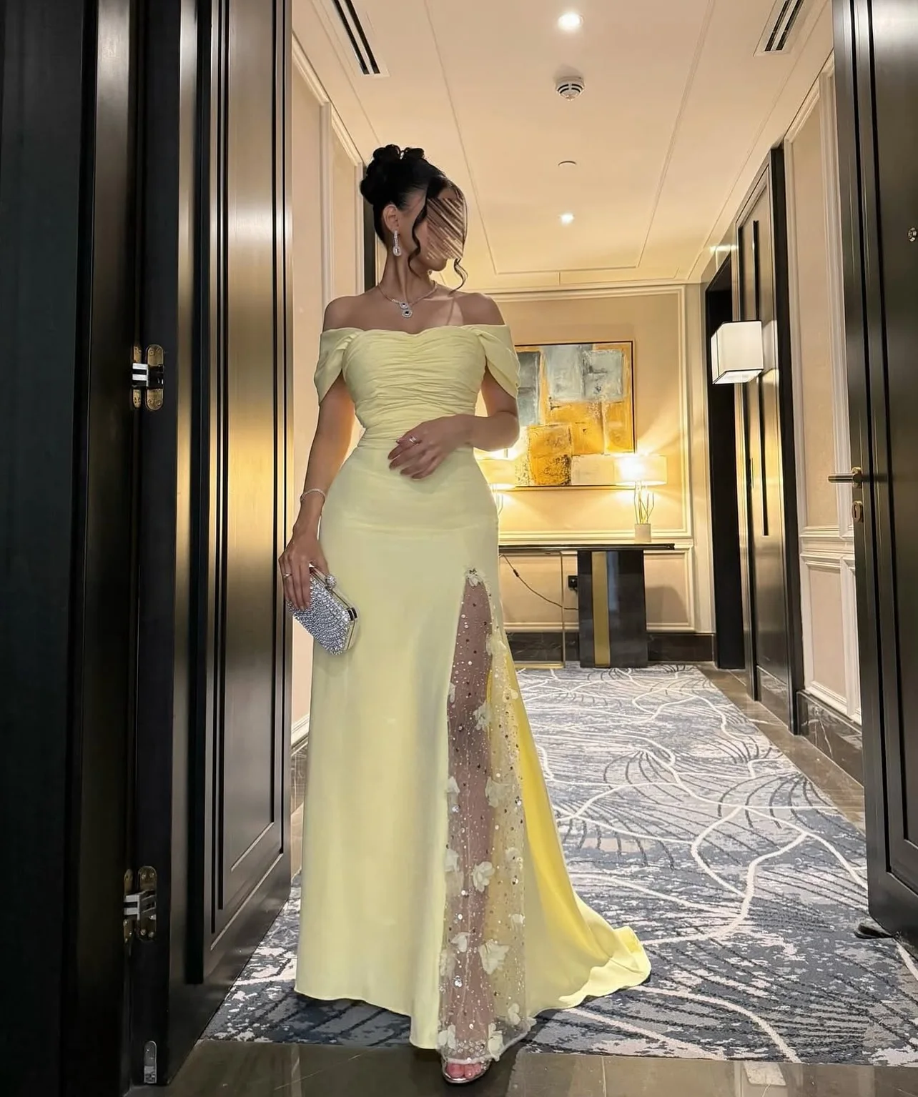 Customized Saudi Elegant Yellow Prom Gown Women's Floral Lace Evening Dress Floor Length Off Shoulder Formal Occasion Dresses