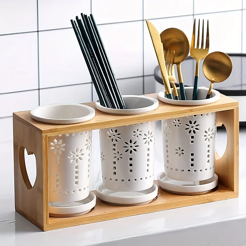 

Multifunctional Ceramic Utensil Holder with Drainage - Creative Organizer for Chopsticks, Forks, Spoons & Kitchen Tools