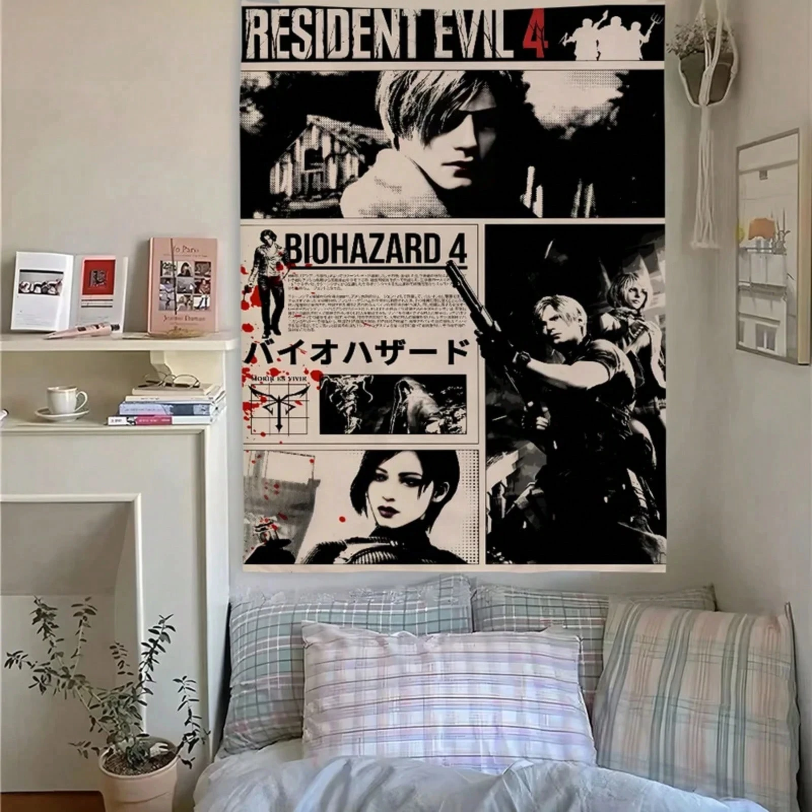 1pc Tapisserie Comic Resident Evil 4, imprimé collage noir et blanc, accessoires de décoration de chambre, grande taille, art mural 2D en polyester, chambre à coucher