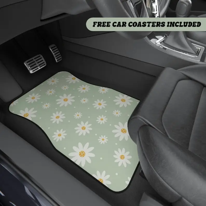 Floral Green Daisies Car Mats | Cute Flower Girly Car Accessories | Aesthetic Car Mats