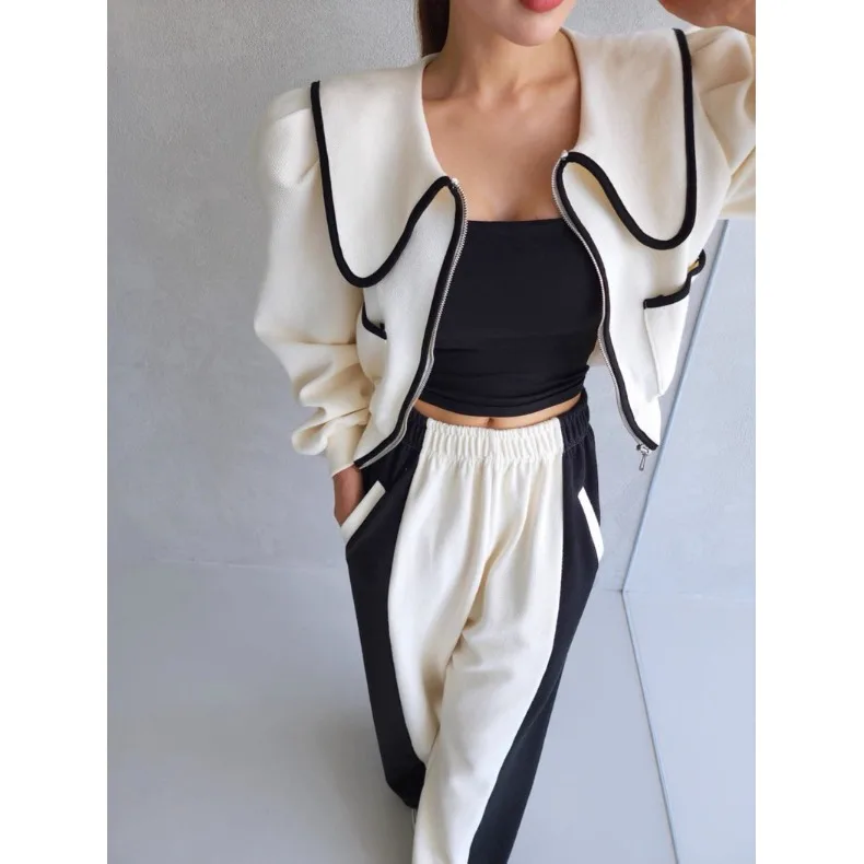 Top in felpa da donna coreano chic ort più pantaloni larghi abbinati Set da due pezzi Design casual versatile a colori