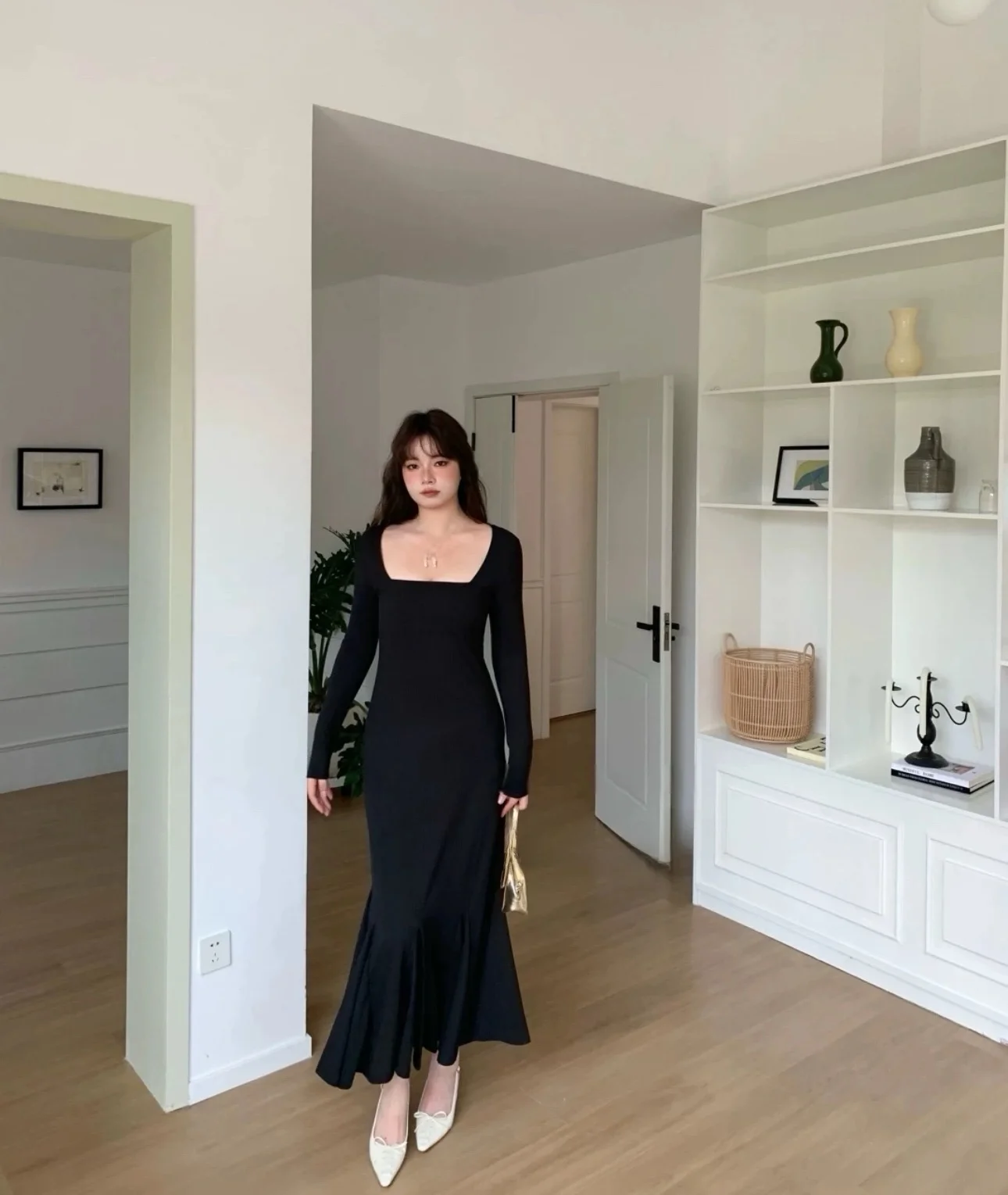 

Платье-миди больших размеров с длинным рукавом для женщин, приталенное, с завышенной талией, А-силуэт, для повседневной носки, осень-зима