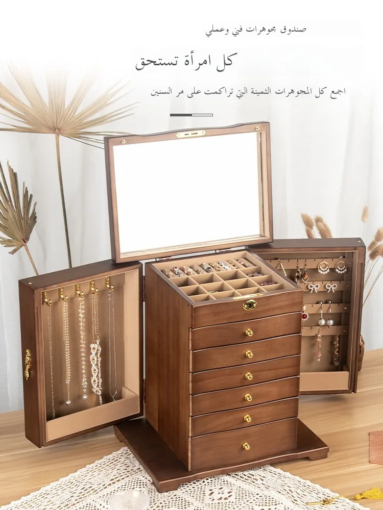 صندوق مجوهرات جديد من الخشب الصلب بسعة كبيرة مع قفل لتخزين القلائد والأقراط وإكسسوارات اليد، هدية زفاف راقية وأنيقة