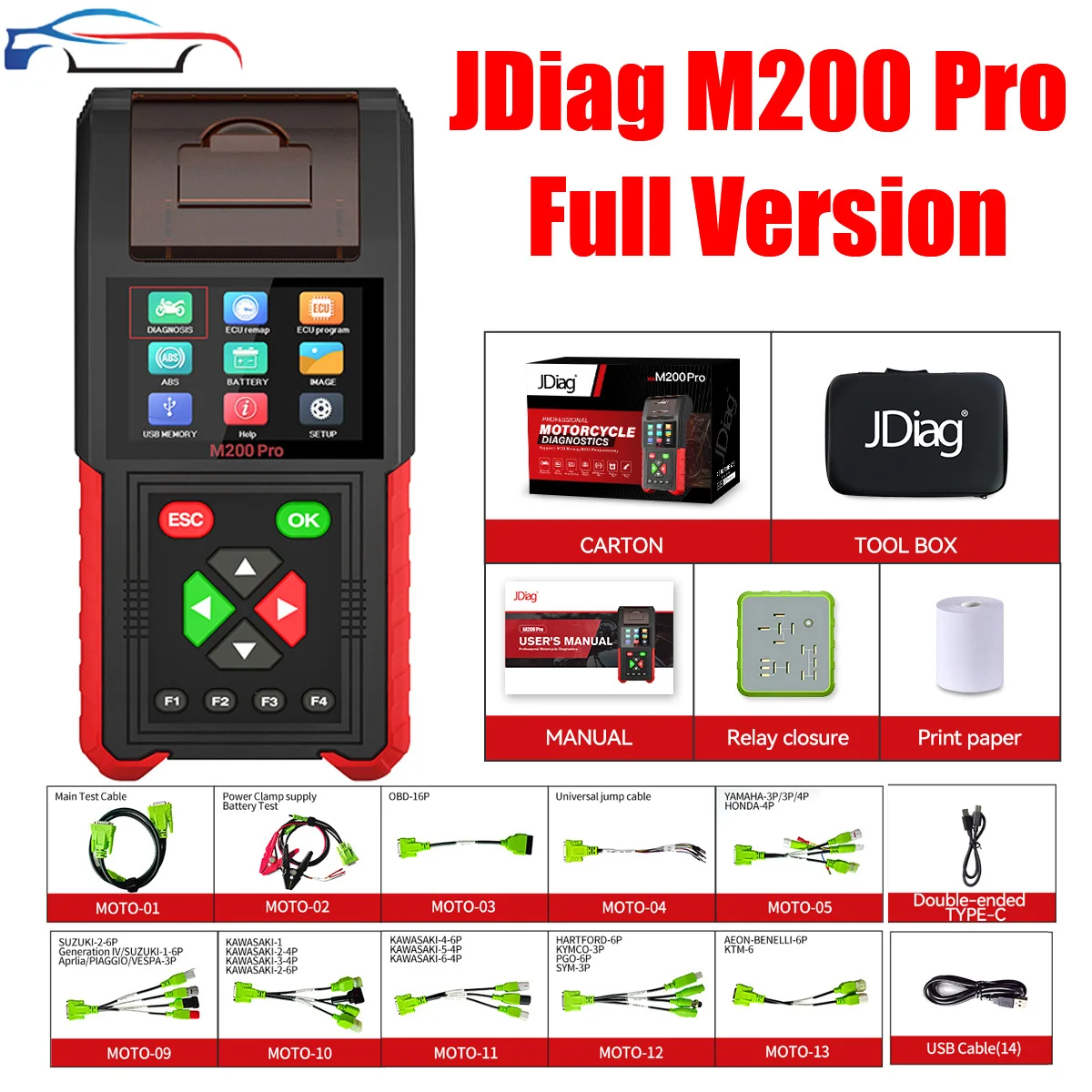 JDiag M200 Pro Diagnostic Scanner with Honda ECU Remap Scanner Battery Tester Motorbike System Diagnose Battery Analysis Tool