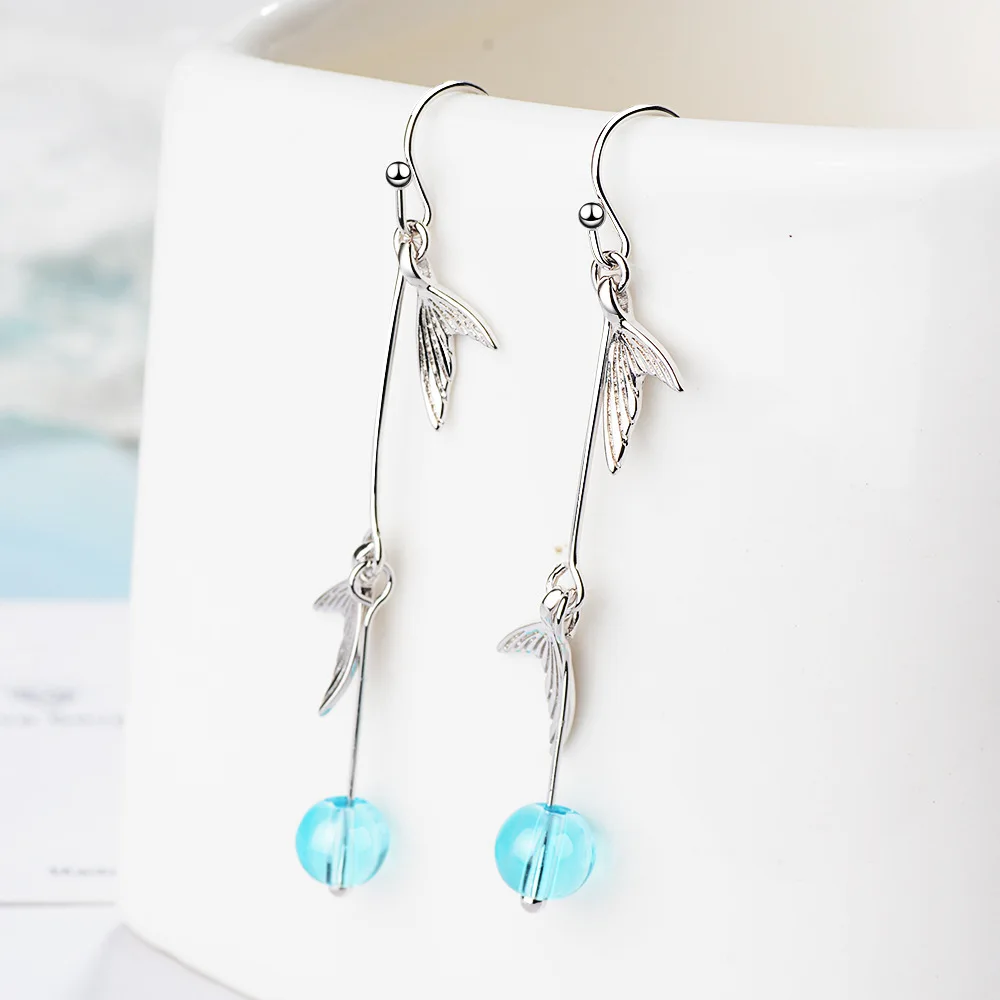 Real 925 Sterling Silver Blue Opal Fashion Fish Tail New Jewelry Quality Drop Earrings For Woman FQL25096