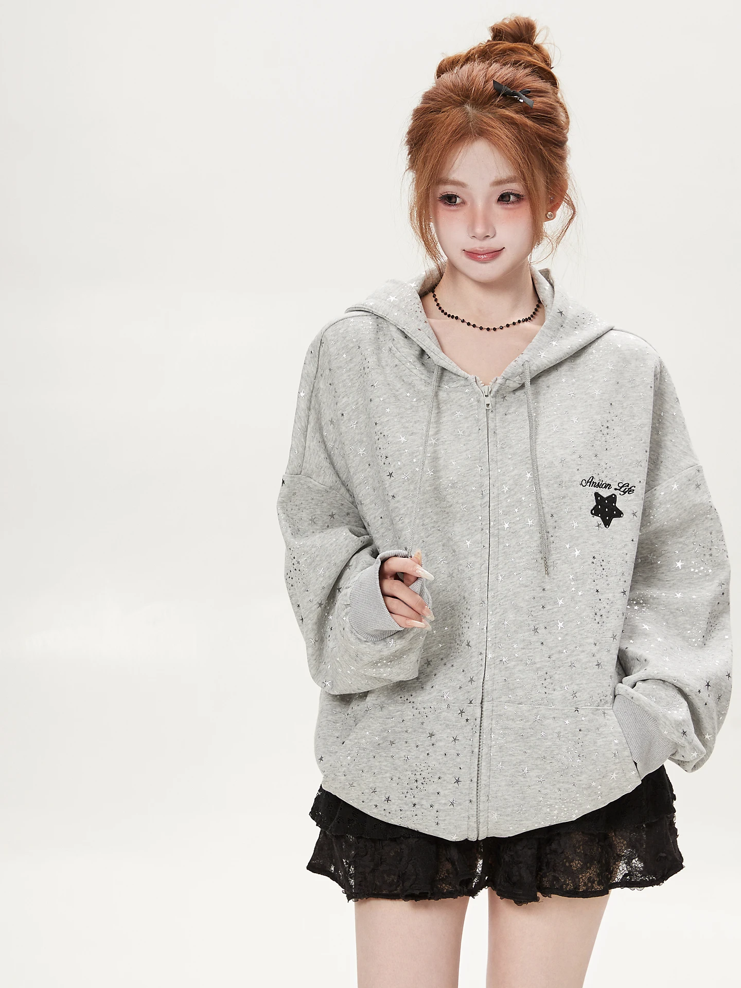 Chic Ant Star Print Hooded Open Cardigan Sweatshirt Women's Loose Stylish Lazy Style Outerwear Trendy Autumn Cotton Blend