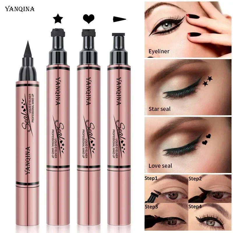 YANQINA ใหม่ Double HEAD Seal อายไลเนอร์กันน้ําด่วนแห้งแฟชั่น 2 in 1 Liquid Stamp อายไลเนอร์ชุดยาวนาน Professional แต่งหน้า