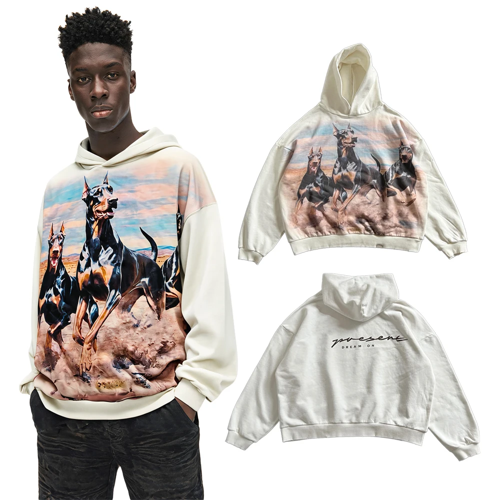 Vintage Streetwear Y2k Dog Art Graphic Hoodies Hiphop Street Style Cotton Retro White Oversized Casual Digital Print Sweatshirts