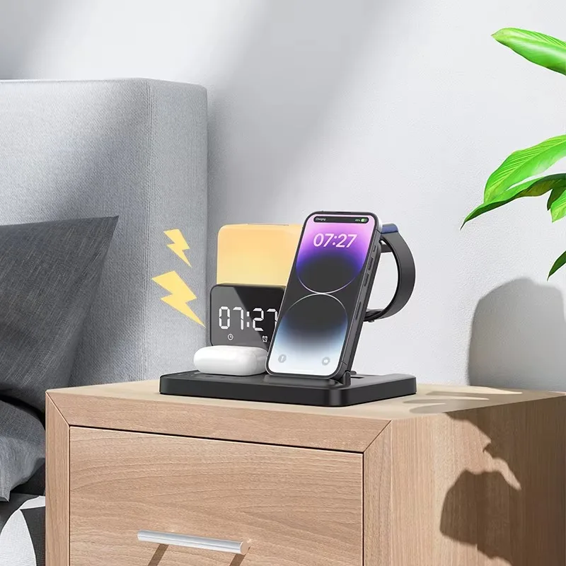 Multifunctional wireless charger, suitable for Apple, Huawei mobile phone night light holder clock watch fast charging station