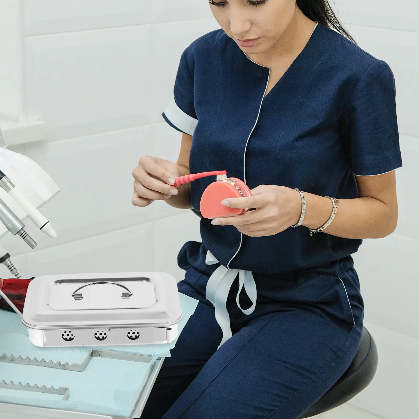 

Disinfection Box Sterilizer Stainless Steel Tray Instrument Thermometer Lid Hole High Temp Dust Proof Portable Dental