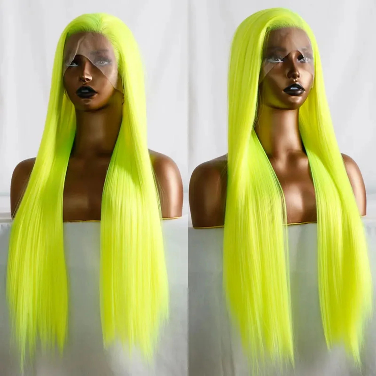 13X4 Neon Green Wig Straight Synthetic Lace Front Wig Long Silky Fluorescent Yellow Colored Hair Frontal Wigs for Women Party