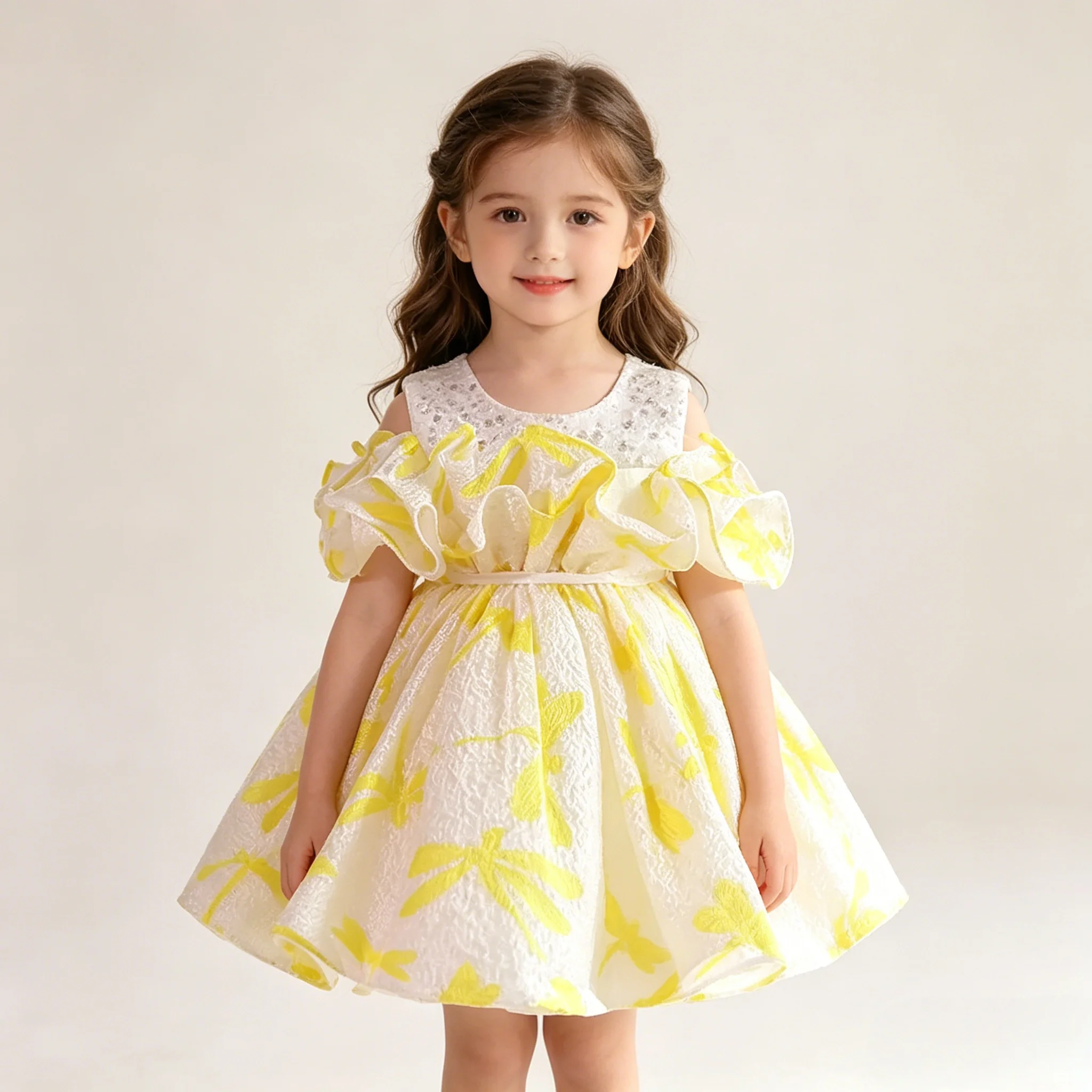 Custom Girls Luxury Beaded Neck Ruffle Print Short Tulle Flower Girl Dress Wedding Party Gown Birthday Party Pageant Runway