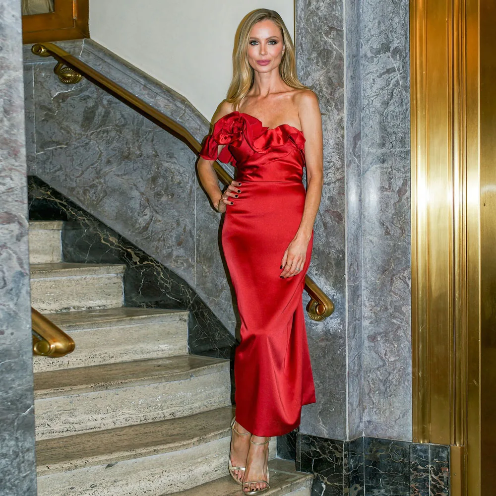 

High Quality Satin Silk Red Ankle Length Women Dresses Elegant One Shoulder Floral Formal Dress