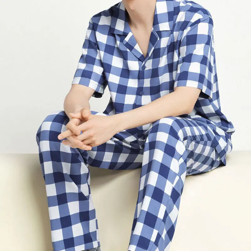 

Men's New Summer Pajamas Homewear Suit Men's Short-Sleeved Long Pants Cardigan Plaid Simple Loose Large Size Homewear Suit