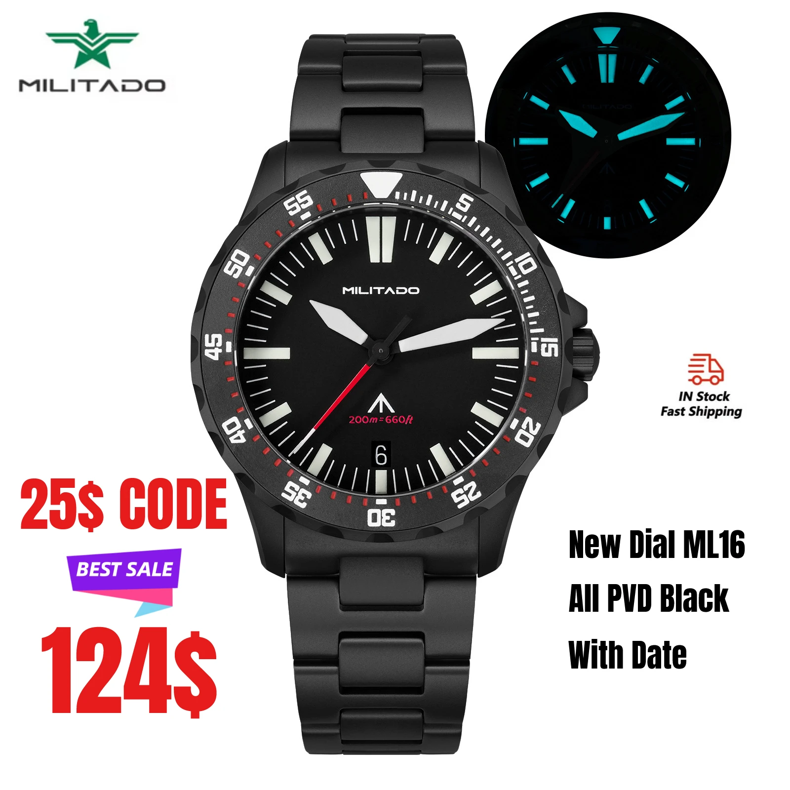 Reloj de Buceo Militado ML16 de 39 mm con Cristal de Zafiro, Resistente al Agua hasta 200 m, Bisel de Cerámica, Luminiscencia BGW9, Corona Roscada