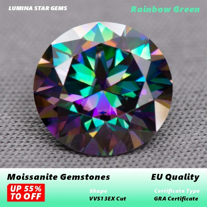 Rainbow Green Moissanites Round Brilliant 3.0mm-11mm Hearts and Arrows Cut Moissanite EU Quality Jewelry Making With Certificate