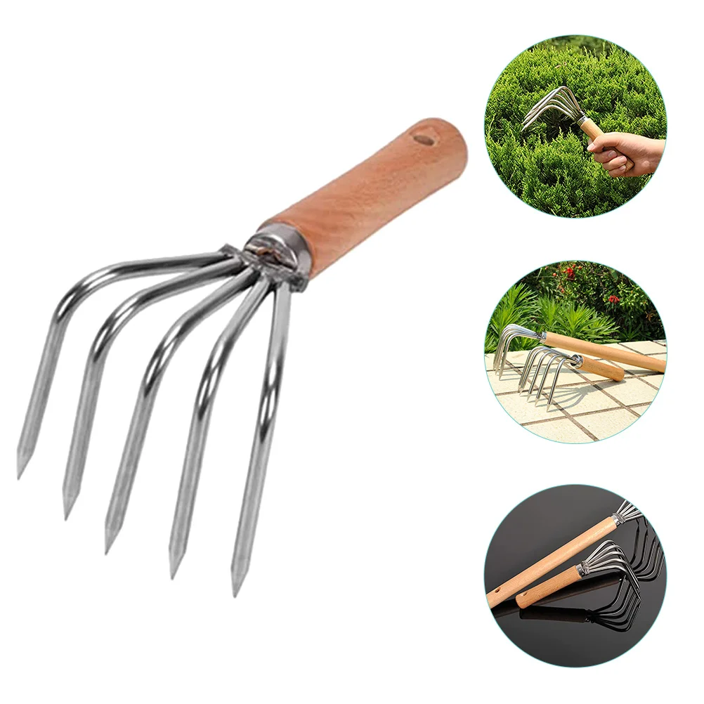 

Beach Accessories Hand Claw Rake Wooden Handle Grass Shell Tool Stainless Steel Digging Supplies 5 Tine