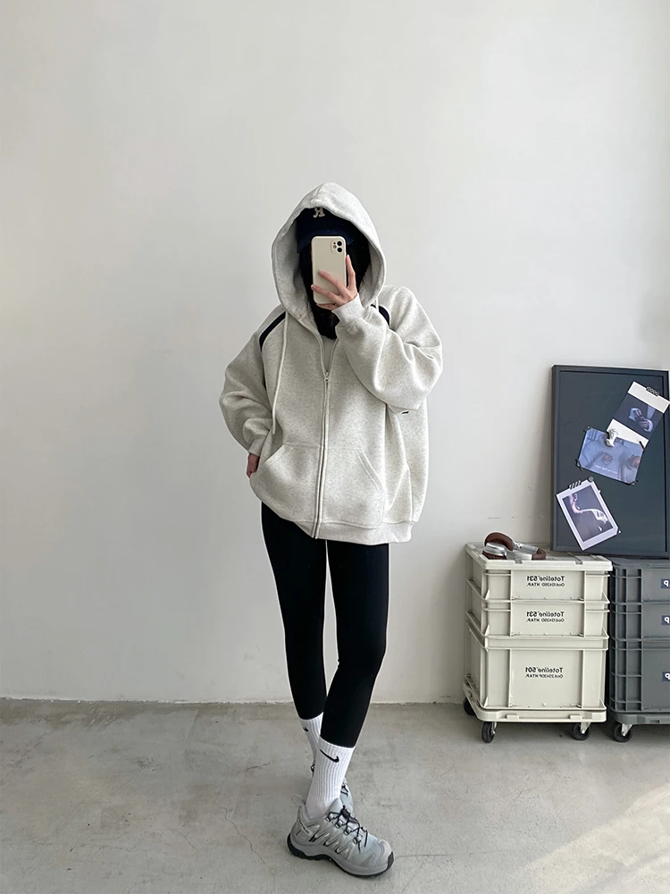 Women Oversized Sweatshirt Harajuku Y2K Drawstring Hooded Zip Up Coat Korean Casual Loose Streetwear Female Tops