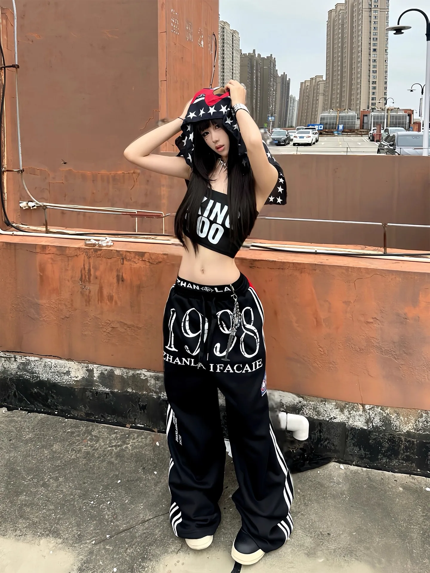 

Loose Wide Leg Casual Pants Women Spring Autumn American Street Style High Waist Drawstring Print Color Block Cotton Blend