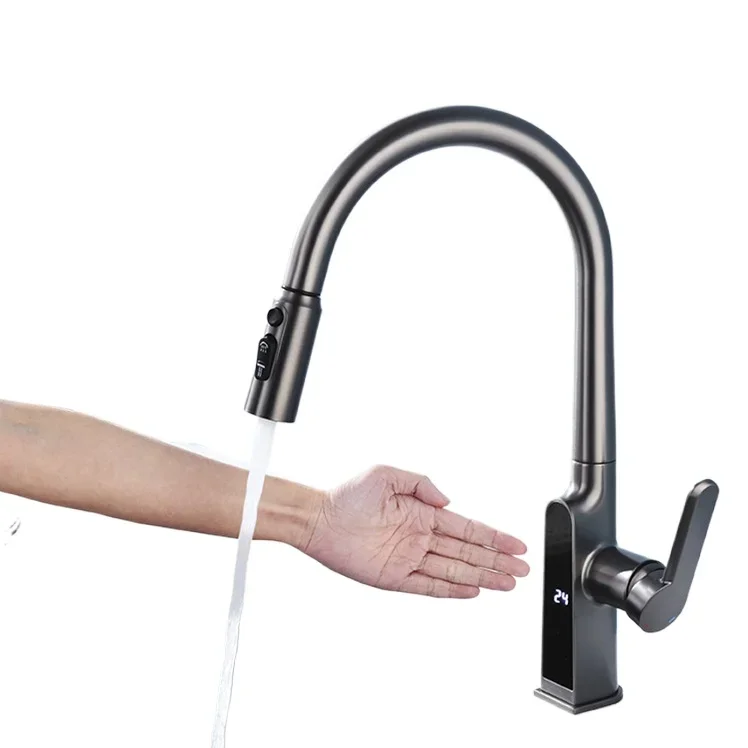 

Gun gray LED digital display kitchen faucet hot and cold pull-out vegetable basin touch infrared sensor sink