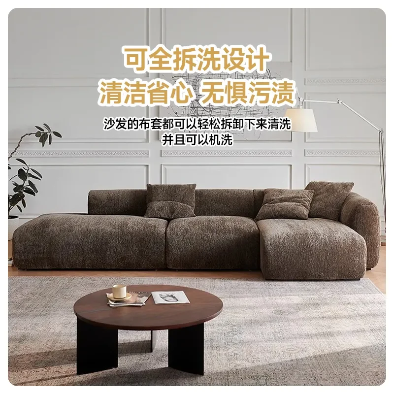 Chenille Velvet Fully Detachable Washable Tofu Block Curved Fabric Straight Row Large White Sofa for Living Room